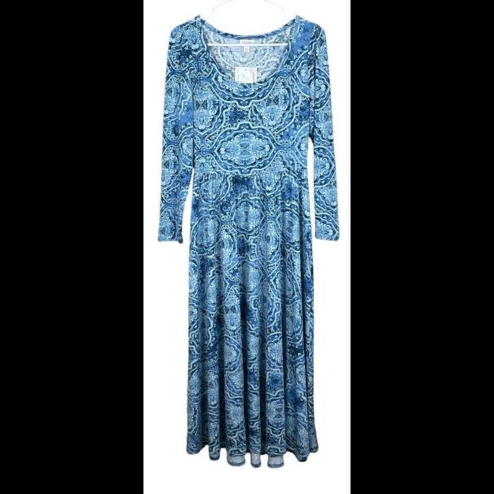 LuLaRoe Ryane Long Sleeve‎ Empire Waist Dress Blue Paisley NWT
